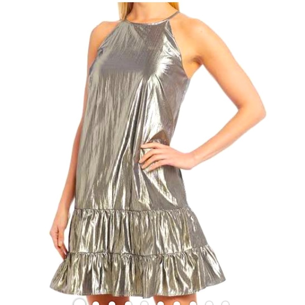 Cece Dresses Halter Neck Metallic Ruffle Hemline - Picture 4 of 4